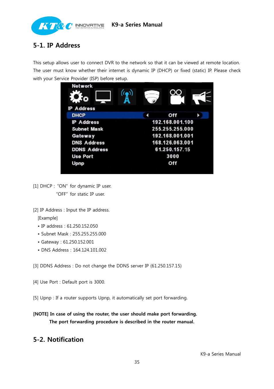 1. ip address, 2. notification | KT&C K9-a Series User Manual | Page 35 / 80