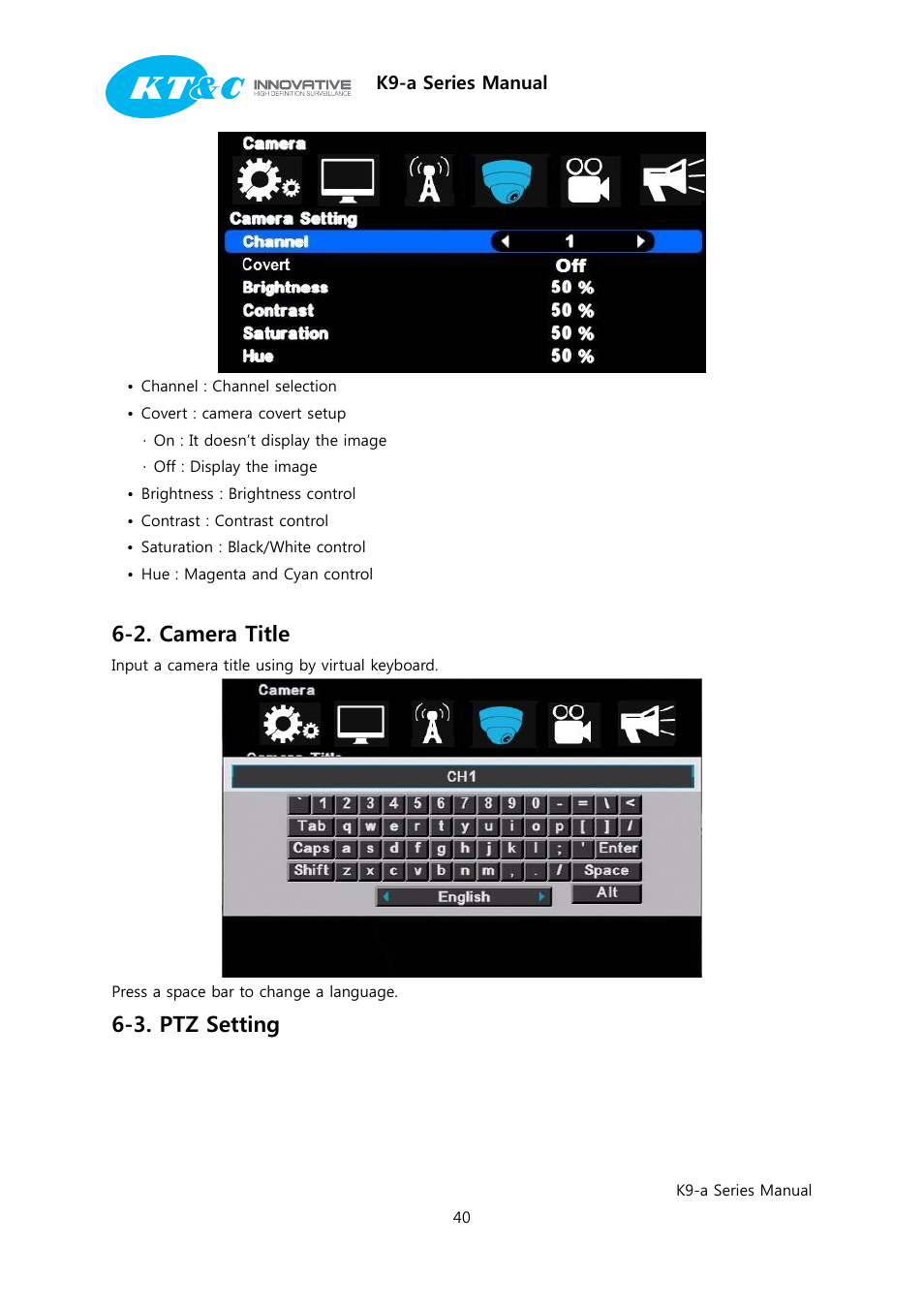 2. camera title, 3. ptz setting | KT&C K9-a Series User Manual | Page 40 / 80