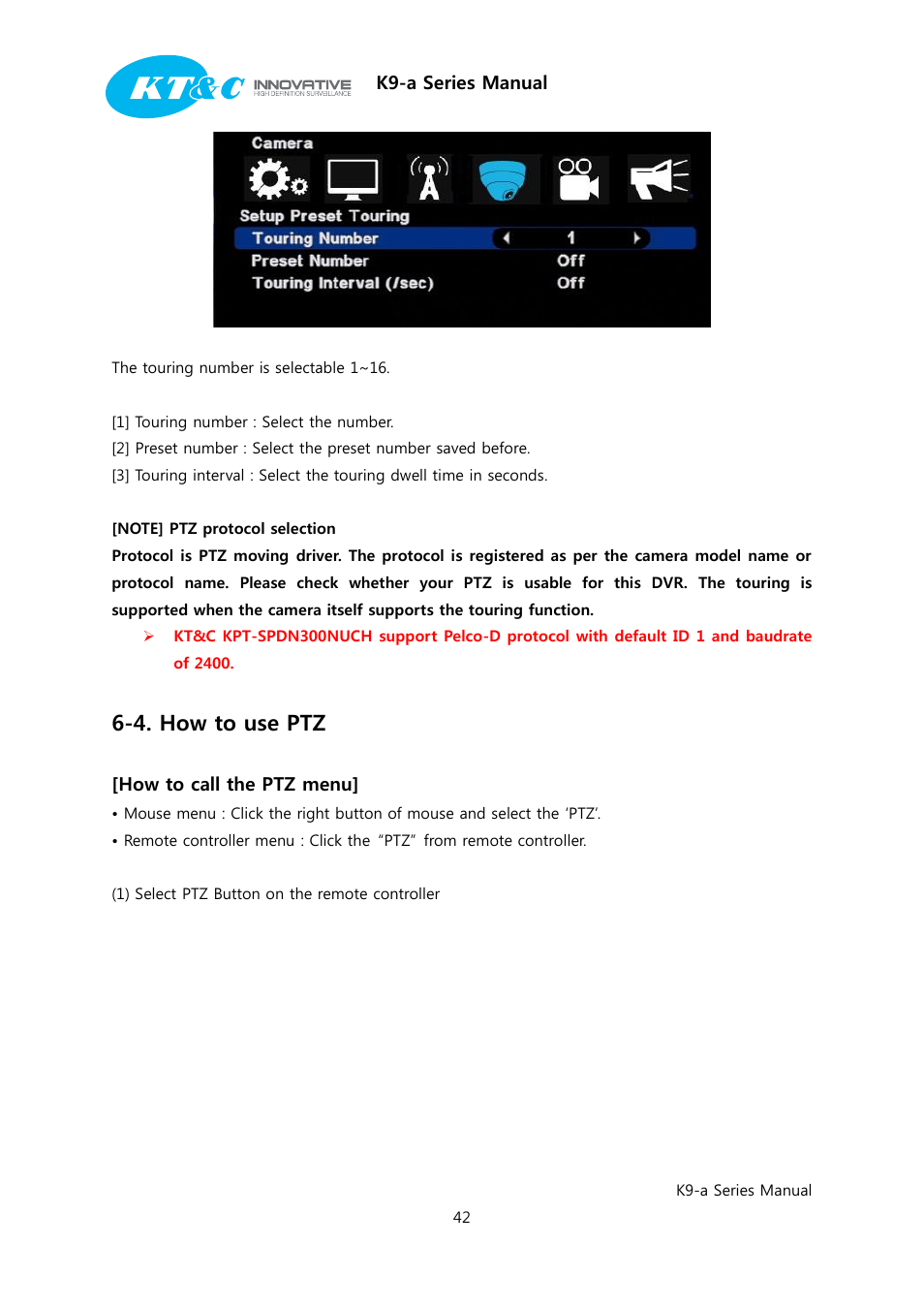 4. how to use ptz | KT&C K9-a Series User Manual | Page 42 / 80