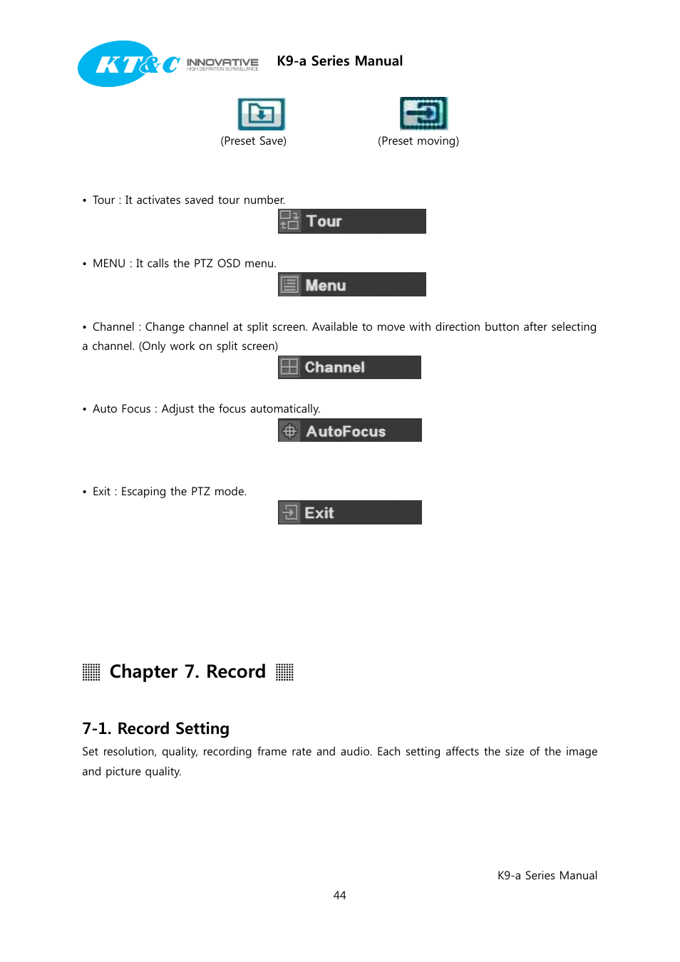 Chapter 7. record, 1. record setting | KT&C K9-a Series User Manual | Page 44 / 80