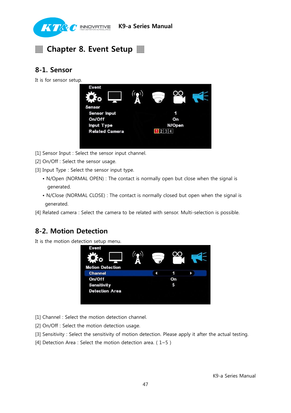 Chapter 8. event setup, 1. sensor, 2. motion detection | KT&C K9-a Series User Manual | Page 47 / 80