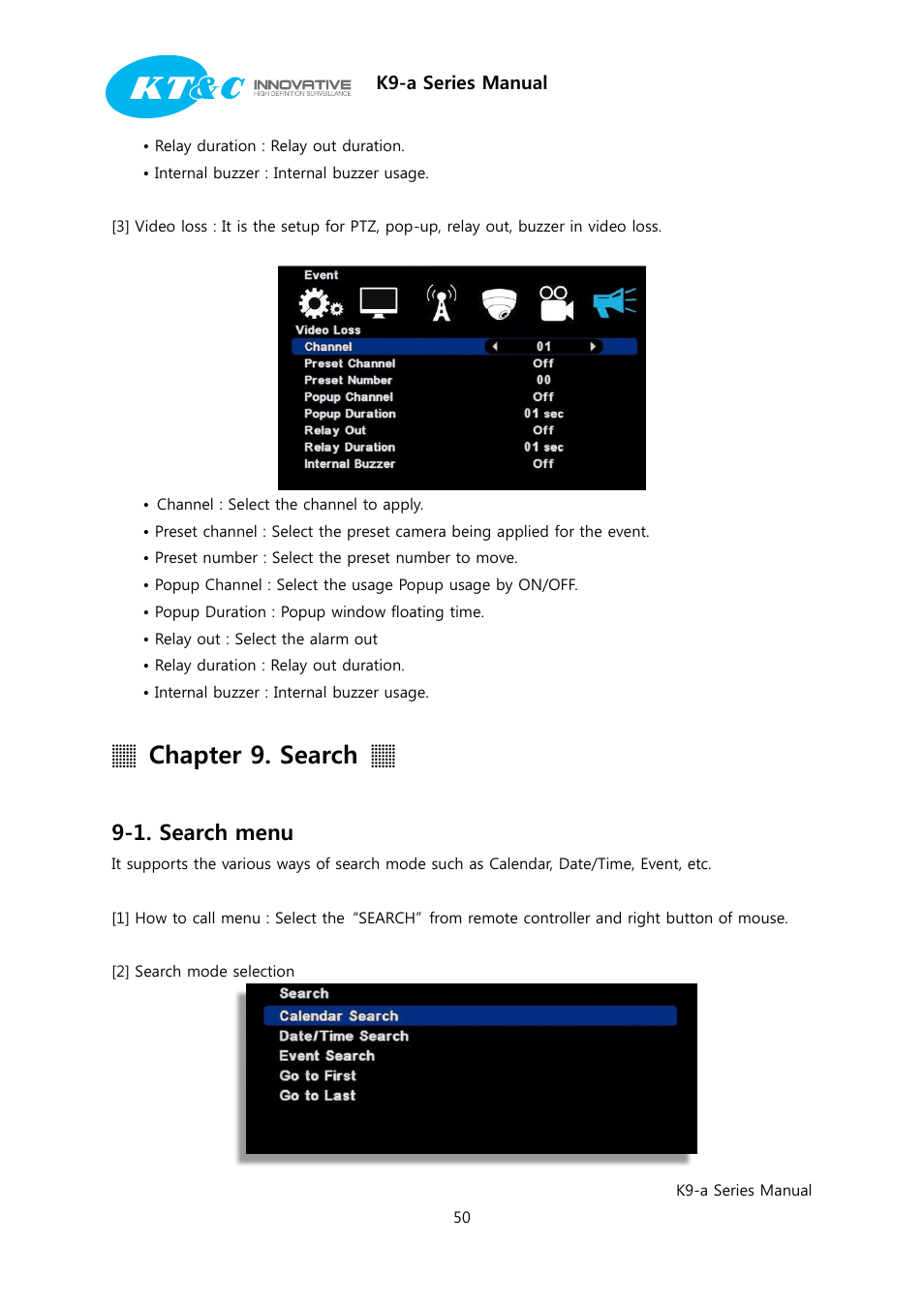 Chapter 9. search, 1. search menu | KT&C K9-a Series User Manual | Page 50 / 80