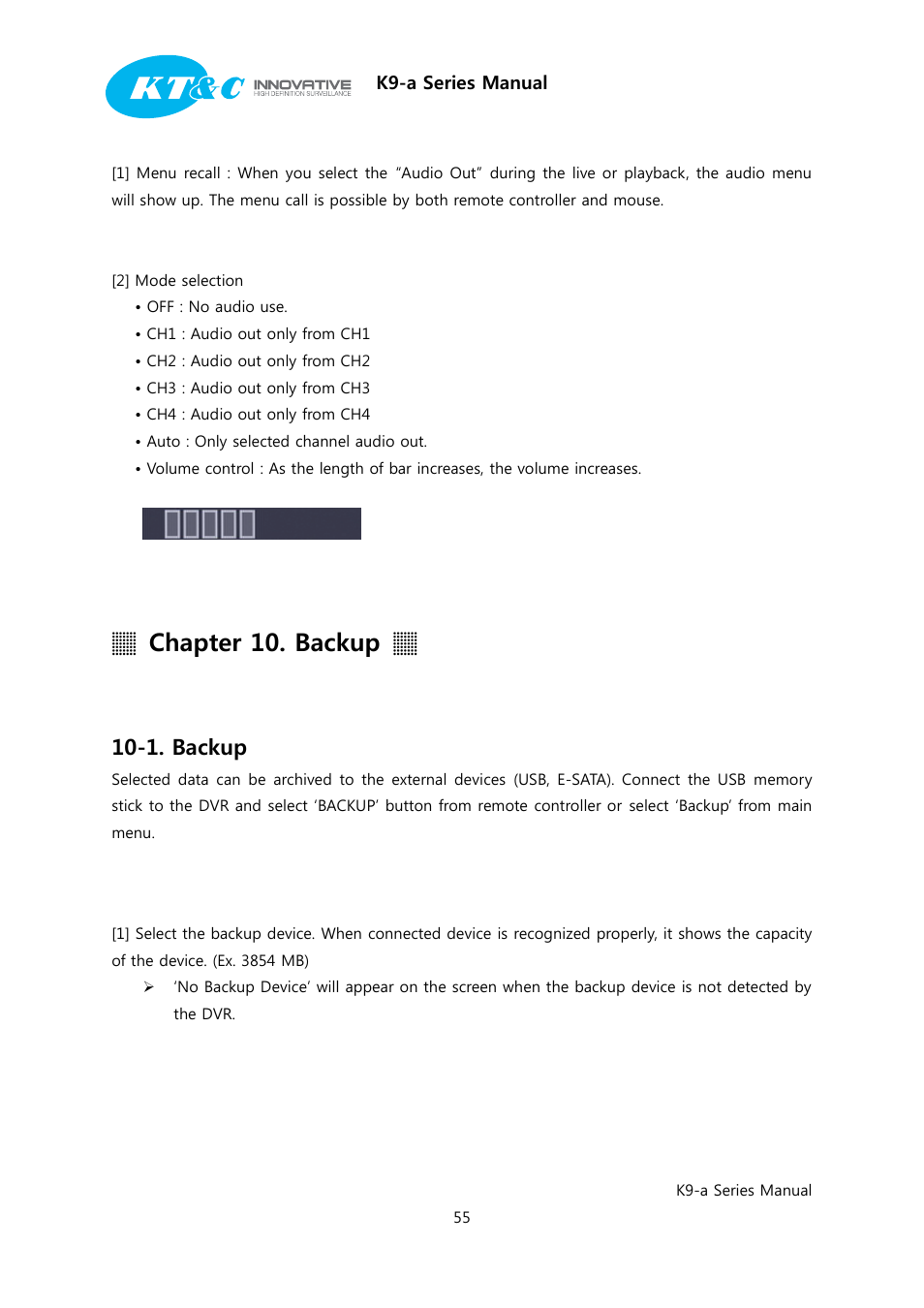 Chapter 10. backup, 1. backup | KT&C K9-a Series User Manual | Page 55 / 80
