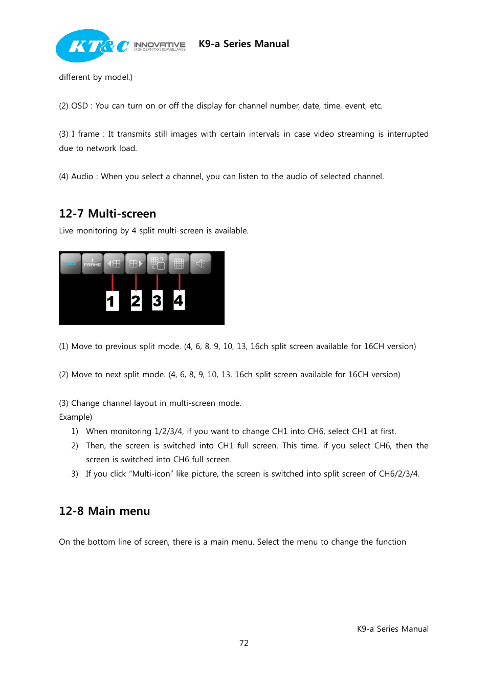 7 multi-screen, 8 main menu | KT&C K9-a Series User Manual | Page 72 / 80