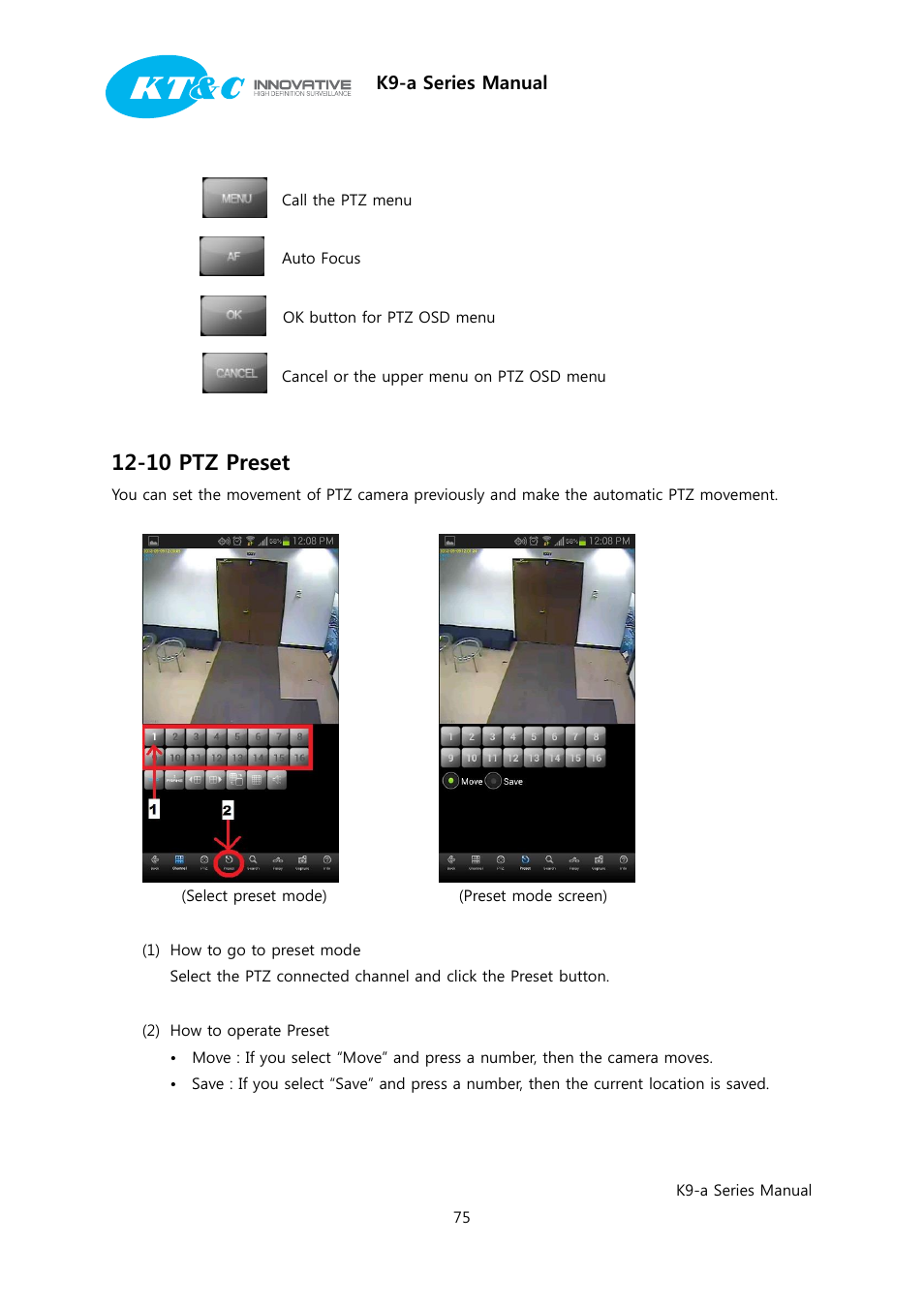 10 ptz preset, K9-a series manual | KT&C K9-a Series User Manual | Page 75 / 80