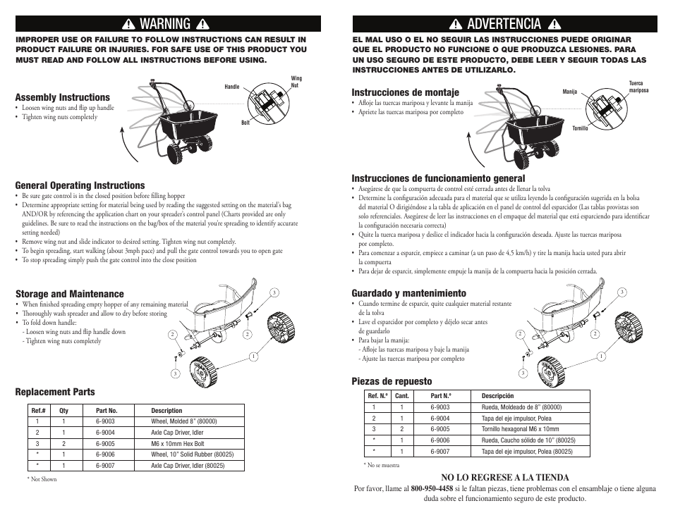 Advertencia, Warning, Replacement parts assembly instructions | General operating instructions, Instrucciones de montaje, Instrucciones de funcionamiento general, Storage and maintenance, Guardado y mantenimiento, Piezas de repuesto | Chapin 80025 User Manual | Page 2 / 2