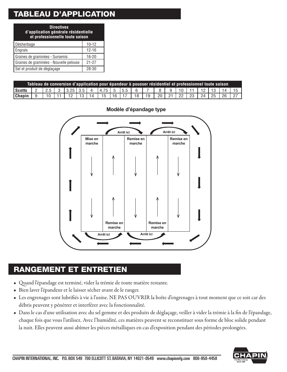 Application chart, Rangement et entretien, Tableau d’application | Chapin 80100 User Manual | Page 12 / 12