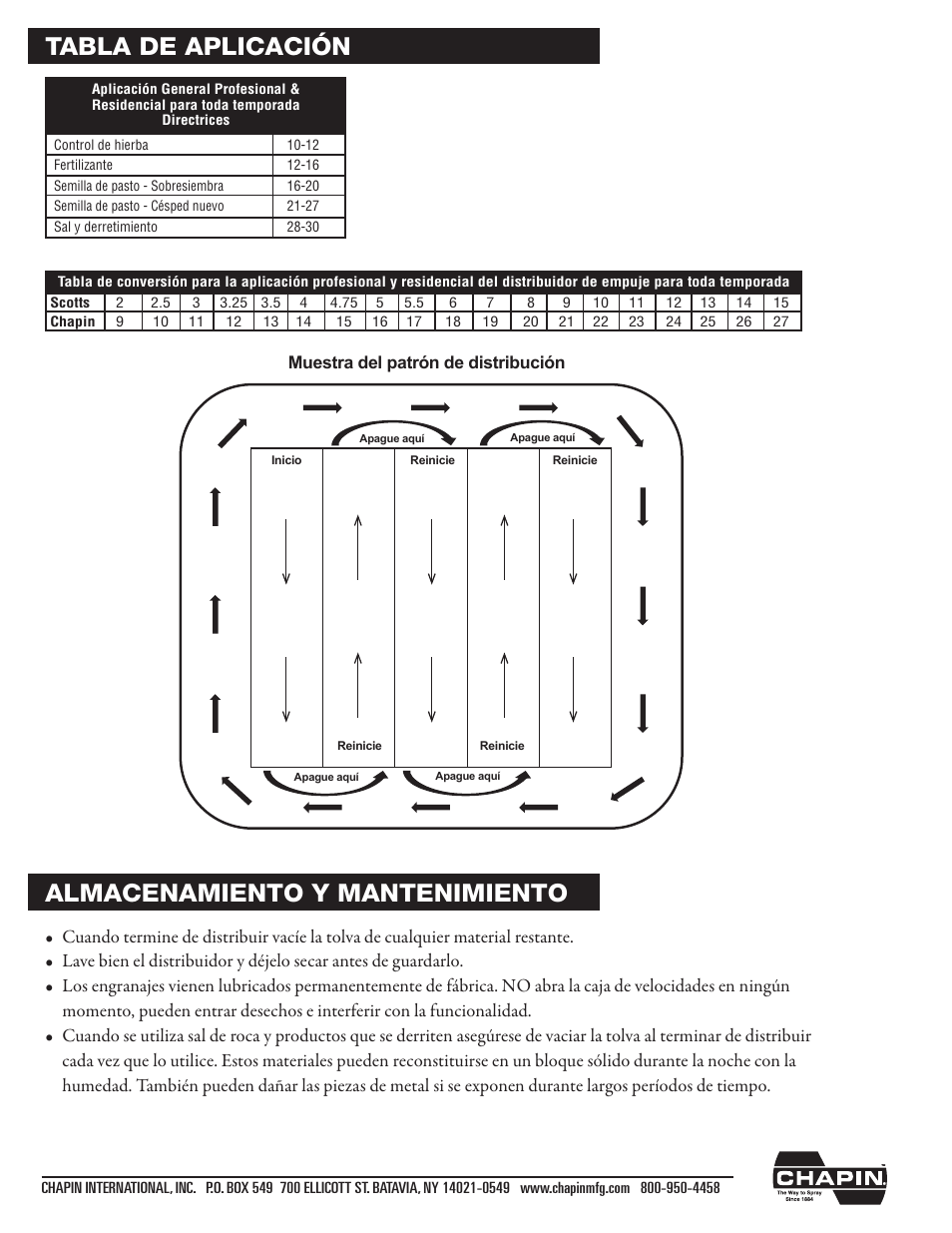 Almacenamiento y mantenimiento, Tabla de aplicación | Chapin 80100 User Manual | Page 8 / 12