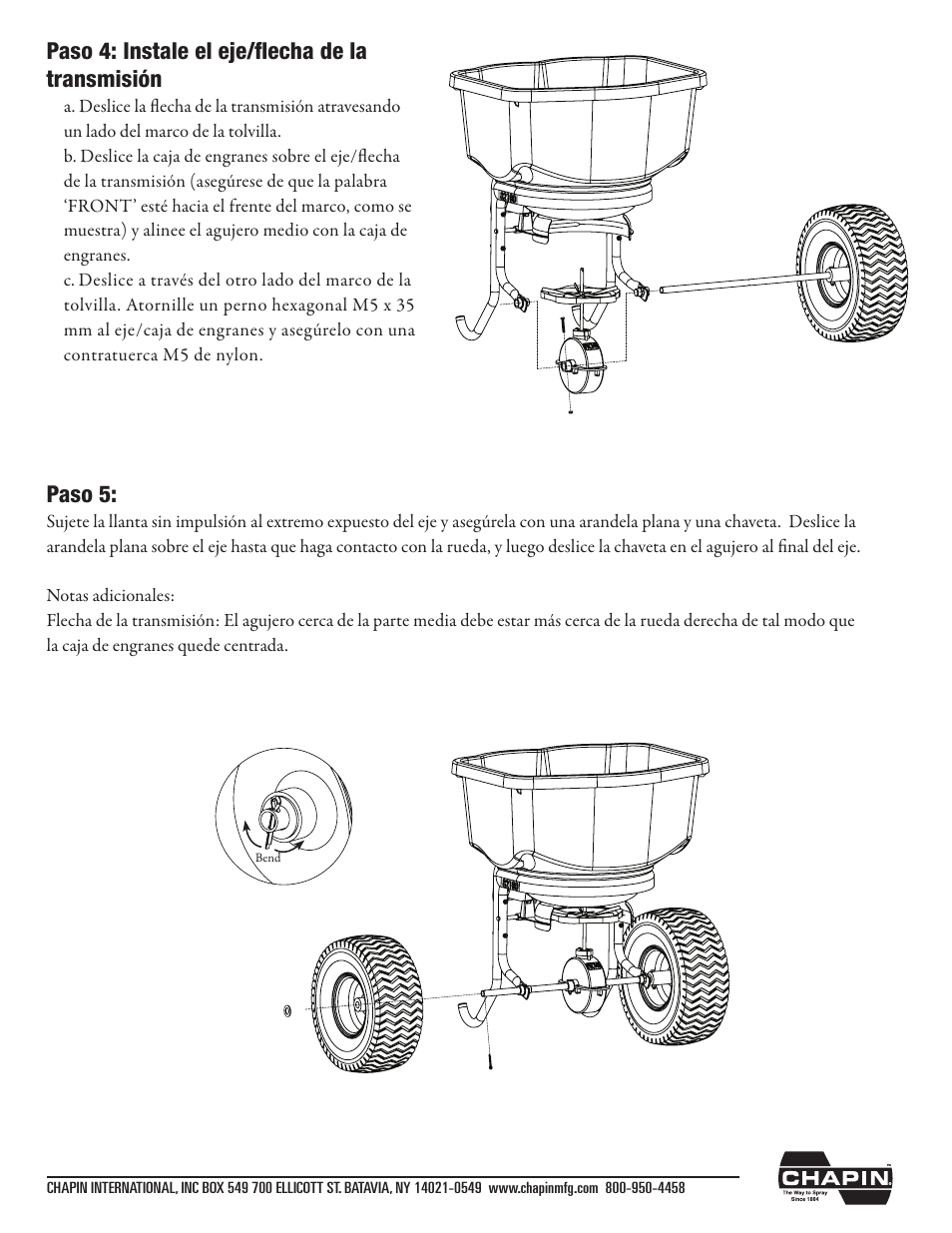 Paso 4: instale el eje/flecha de la transmisión, Paso 5 | Chapin 82125 User Manual | Page 13 / 28