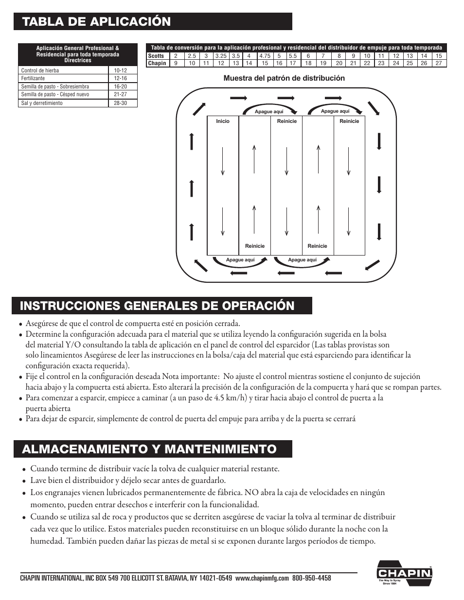 Almacenamiento y mantenimiento, Tabla de aplicación, Instrucciones generales de operación | Chapin 82125 User Manual | Page 18 / 28