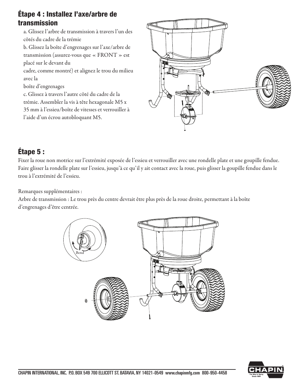 Étape 4 : installez l’axe/arbre de transmission, Étape 5 | Chapin 82125 User Manual | Page 22 / 28