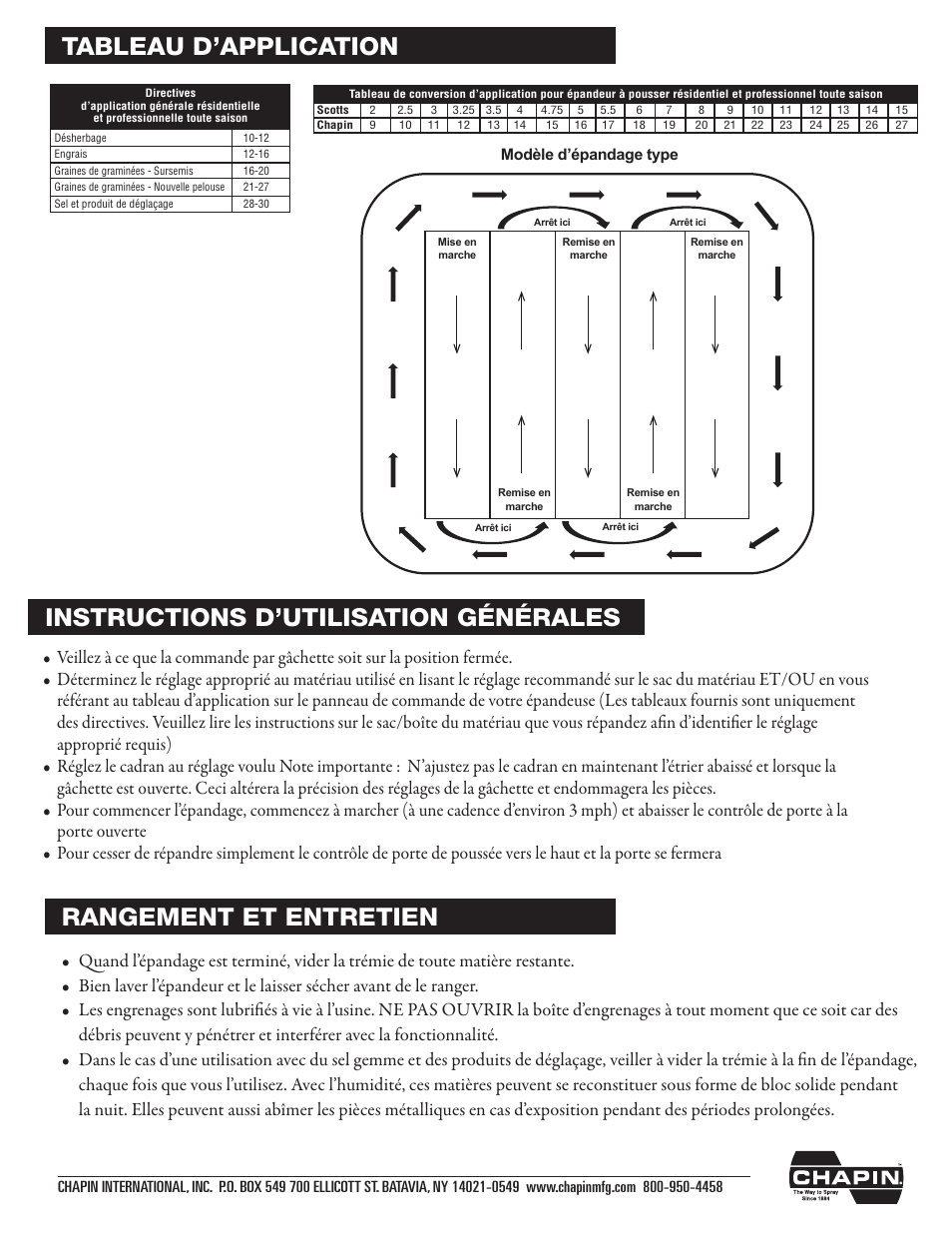 Rangement et entretien, Tableau d’application, Instructions d’utilisation générales | Chapin 82125 User Manual | Page 27 / 28