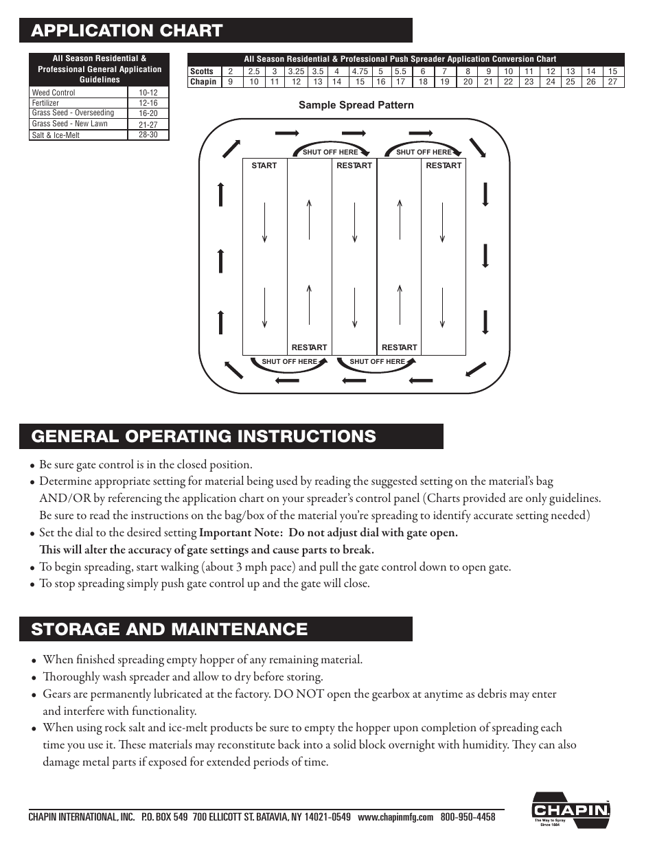 Storage and maintenance, Application chart, General operating instructions | Chapin 82125 User Manual | Page 9 / 28