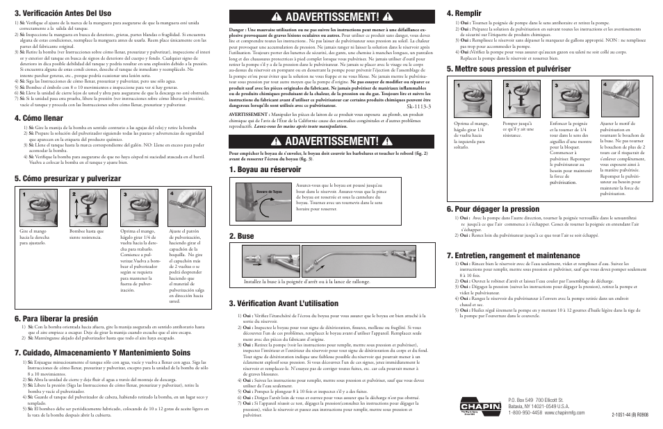 Adavertissement, Cómo llenar, Boyau au réservoir | Buse, Vérification avant l’utilisation 4. remplir, Entretien, rangement et maintenance, Para liberar la presión, Verificación antes del uso | Chapin 1180 User Manual | Page 2 / 2