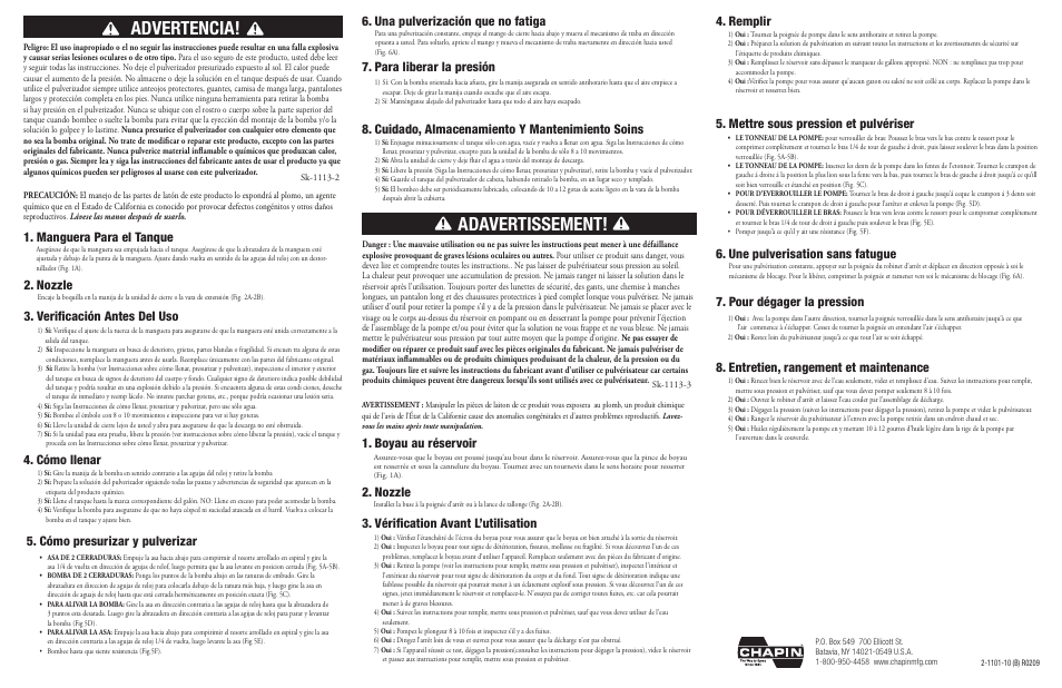 Adavertissement, Advertencia, Verificación antes del uso 4. cómo llenar | Para liberar la presión, Vérification avant l’utilisation 4. remplir, Boyau au réservoir 2. nozzle, Manguera para el tanque, Nozzle, Una pulverización que no fatiga, Une pulverisation sans fatugue | Chapin 1739 User Manual | Page 2 / 2