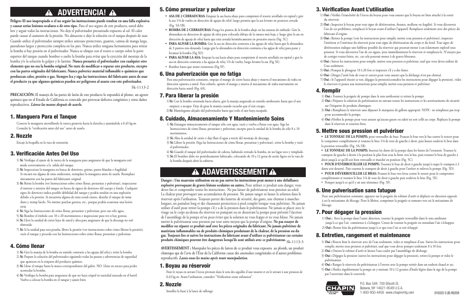 Adavertissement, Advertencia, Verificación antes del uso 4. cómo llenar | Vérification avant l’utilisation 4. remplir, Boyau au réservoir 2. nozzle, Manguera para el tanque, Nozzle, Una pulverización que no fatiga | Chapin 19049 User Manual | Page 2 / 2