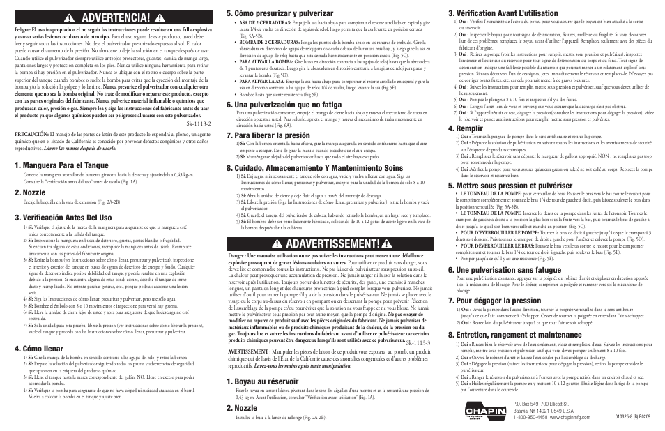 Adavertissement, Advertencia, Verificación antes del uso 4. cómo llenar | Vérification avant l’utilisation 4. remplir, Boyau au réservoir 2. nozzle, Manguera para el tanque, Nozzle, Una pulverización que no fatiga | Chapin 19069 User Manual | Page 2 / 2