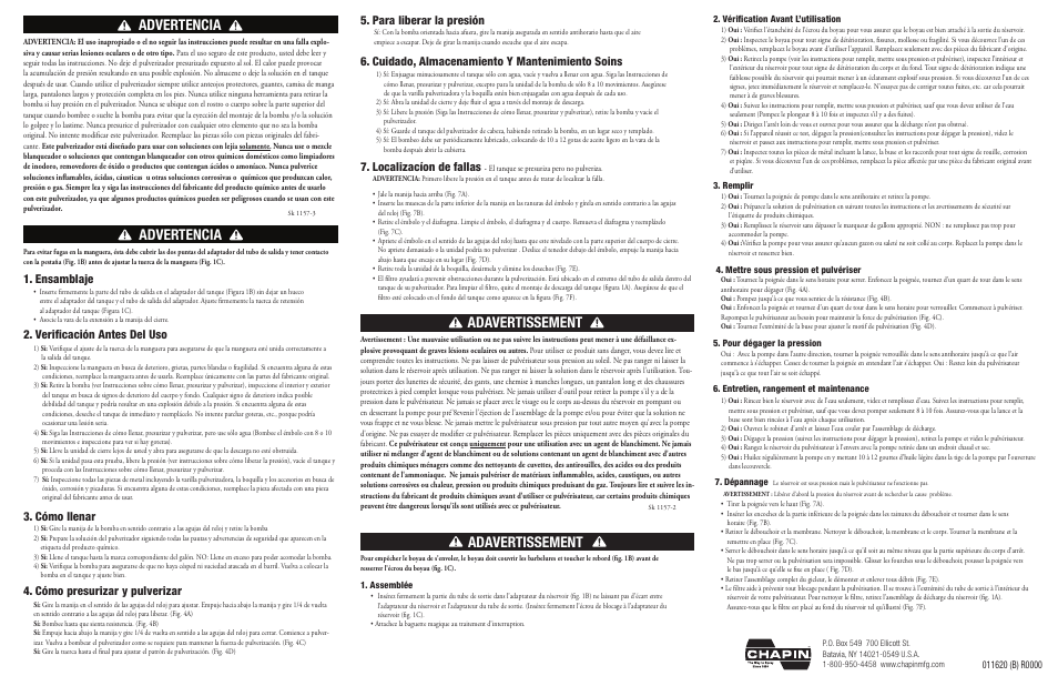 Advertencia, Adavertissement, Localizacíon de fallas | Cuidado, almacenamiento y mantenimiento soins | Chapin 20075 User Manual | Page 2 / 2