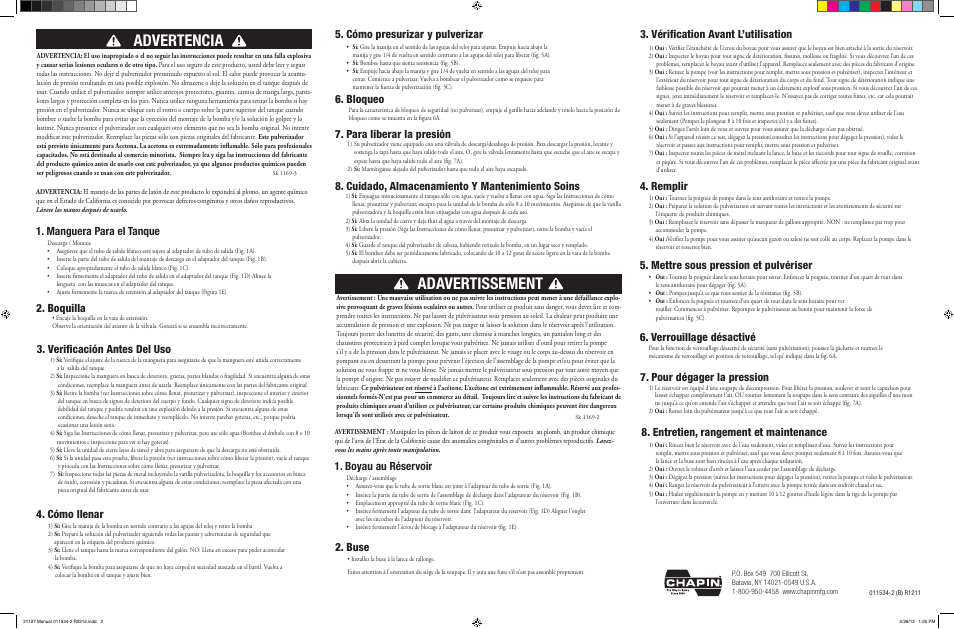 Advertencia, Adavertissement, Verificación antes del uso | Boquilla 4. cómo llenar, Cómo presurizar y pulverizar, Cuidado, almacenamiento y mantenimiento soins, Mettre sous pression et pulvériser, Bloqueo, Verrouillage désactivé, Pour dégager la pression | Chapin 21127 User Manual | Page 2 / 2