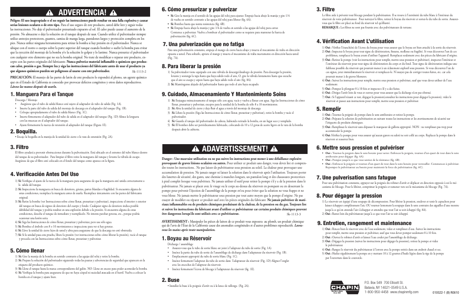 Advertencia, Adavertissement, Verificación antes del uso | Boquilla, Cómo llenar, Cómo presurizar y pulverizar, Para liberar la presión, Cuidado, almacenamiento y mantenimiento soins, Buse, Vérification avant l’utilisation 5. remplir | Chapin 21210 User Manual | Page 2 / 2