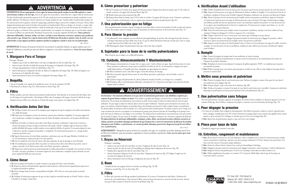 Advertencia, Adavertissement, Verificación antes del uso | Boquilla, Cómo llenar, Cómo presurizar y pulverizar, Para liberar la presión, Cuidado, almacenamiento y mantenimiento, Buse, Vérification avant l’utilisation 5. remplir | Chapin 21210XP User Manual | Page 2 / 2