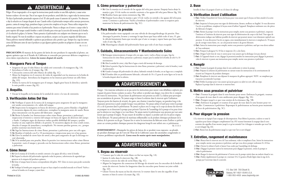 Advertencia, Adavertissement, Verificación antes del uso | Boquilla, Cómo llenar, Para liberar la presión, Cuidado, almacenamiento y mantenimiento soins, Boyau au réservoir, Buse, Vérification avant l’utilisation 4. remplir | Chapin 22049 User Manual | Page 2 / 2