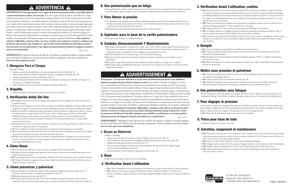 Advertencia, Adavertissement, Verificación antes del uso | Boquilla, Cómo llenar, Cómo presurizar y pulverizar, Para liberar la presión, Cuidado, almacenamiento y mantenimiento, Buse, Mettre sous pression et pulvériser | Chapin 22049XP User Manual | Page 2 / 2