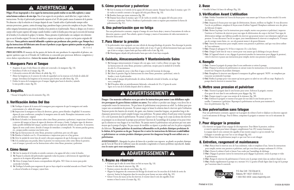 Advertencia, Adavertissement, Verificación antes del uso | Boquilla, Cómo llenar, Para liberar la presión, Cuidado, almacenamiento y mantenimiento soins, Boyau au réservoir, Buse, Vérification avant l’utilisation 4. remplir | Chapin 22090 User Manual | Page 2 / 2
