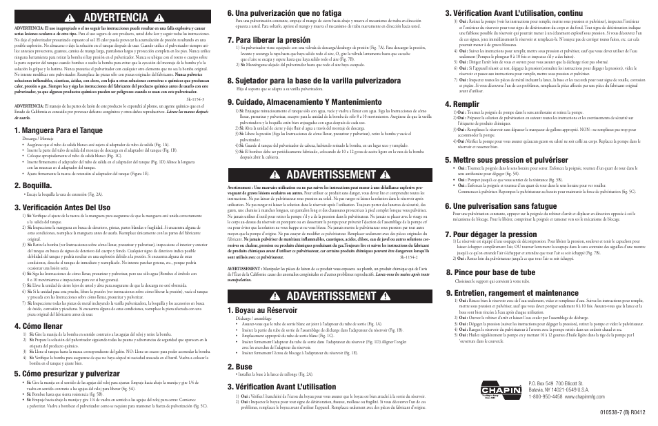 Advertencia, Adavertissement, Verificación antes del uso | Boquilla, Cómo llenar, Cómo presurizar y pulverizar, Para liberar la presión, Cuidado, almacenamiento y mantenimiento, Buse, Mettre sous pression et pulvériser | Chapin 22090XP User Manual | Page 2 / 2