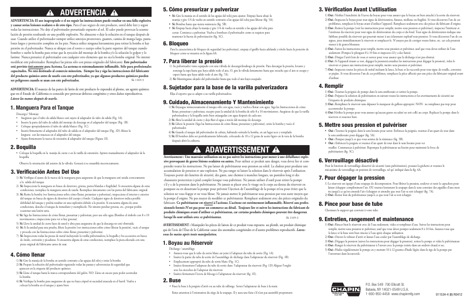 Advertencia, Adavertissement, Verificación antes del uso | Boquilla 4. cómo llenar, Cómo presurizar y pulverizar, Cuidado, almacenamiento y mantenimiento, Mettre sous pression et pulvériser, Bloqueo, Verrouillage désactivé, Pour dégager la pression | Chapin 22149XP User Manual | Page 2 / 2