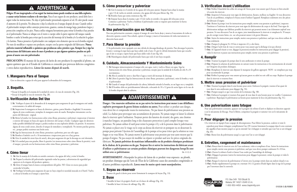 Advertencia, Adavertissement, Verificación antes del uso | Boquilla, Cómo llenar, Para liberar la presión, Cuidado, almacenamiento y mantenimiento soins, Boyau au réservoir, Buse, Vérification avant l’utilisation 4. remplir | Chapin 22170 User Manual | Page 2 / 2