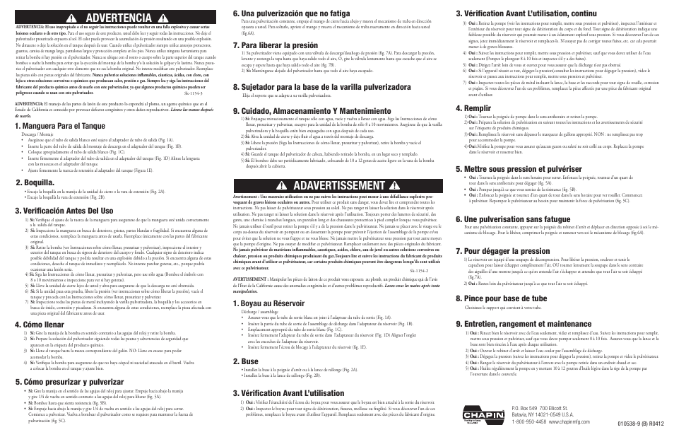 Advertencia, Adavertissement, Verificación antes del uso | Boquilla, Cómo llenar, Cómo presurizar y pulverizar, Para liberar la presión, Cuidado, almacenamiento y mantenimiento, Buse, Vérification avant l’utilisation 4. remplir | Chapin 22170XP User Manual | Page 2 / 2