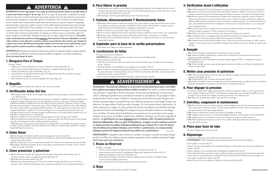 Advertencia, Adavertissement, Verificación antes del uso | Boquilla, Cómo llenar, Cómo presurizar y pulverizar, Para liberar la presión, Cuidado, almacenamiento y mantenimiento soins, Buse, Vérification avant l’utilisation 4. remplir | Chapin 22230XP User Manual | Page 2 / 2