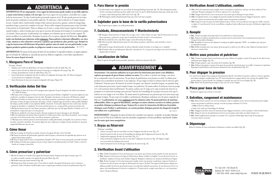 Advertencia, Adavertissement, Verificación antes del uso | Cómo llenar, Cómo presurizar y pulverizar, Para liberar la presión, Cuidado, almacenamiento y mantenimiento, Mettre sous pression et pulvériser, Pour dégager la pression, Manguera para el tanque | Chapin 22251XP User Manual | Page 2 / 2