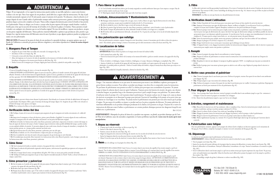 Adavertissement, Advertencia, Verificación antes del uso 5. cómo llenar | Cuidado, almacenamiento y mantenimiento soins, Boyau au réservoir, Buse, Vérification avant l’utilisation 5. remplir, Manguera para el tanque, Boquilla, Cómo presurizar y pulverizar | Chapin 2553E User Manual | Page 2 / 2