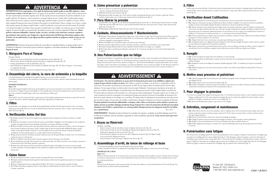 Adavertissement, Advertencia, Filtro | Verificación antes del uso 5. cómo llenar, Cómo presurizar y pulverizar, Filtre, Vérification avant l’utilisation 5. remplir, Mettre sous pression et pulvériser, Boyau au réservoir 1. manguera para el tanque | Chapin 26031XP User Manual | Page 2 / 2