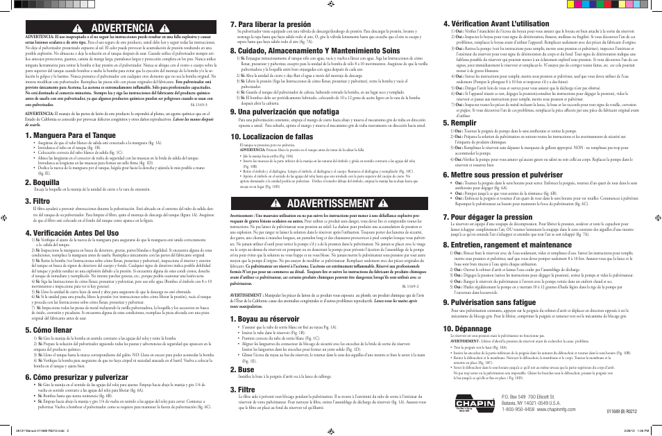 Adavertissement, Advertencia, Verificación antes del uso 5. cómo llenar | Manguera para el tanque, Cómo presurizar y pulverizar, Pulvérisation sans fatigue 3. filtre, Filtro, Una pulverización que nofatiga, Boquilla, Buse | Chapin 26127 User Manual | Page 2 / 2