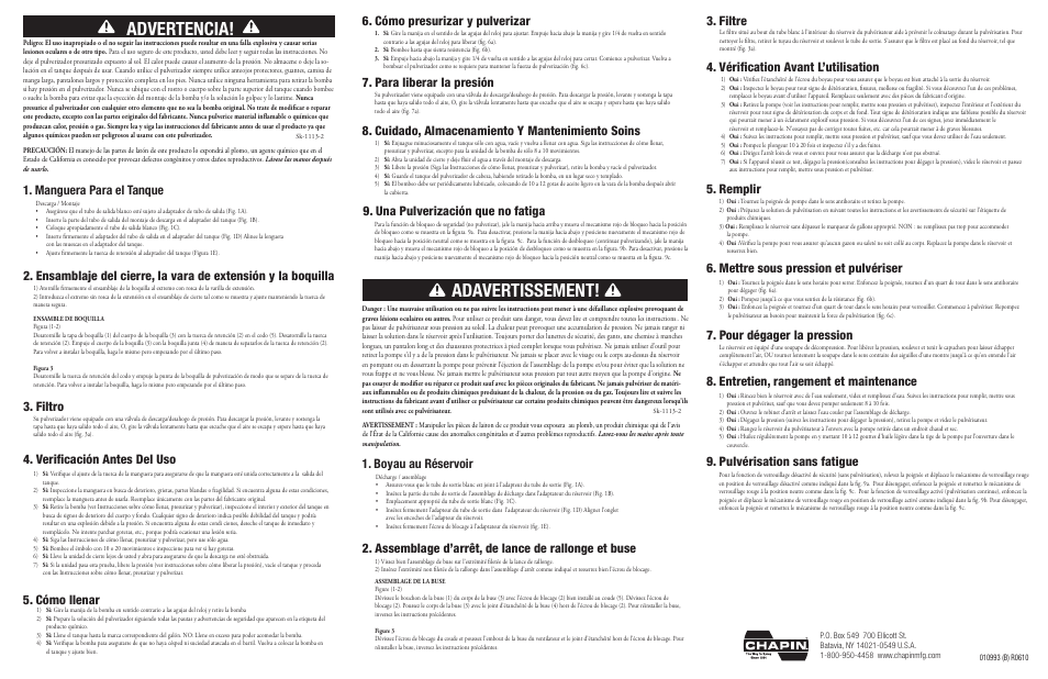 Adavertissement, Advertencia, Filtro | Verificación antes del uso 5. cómo llenar, Cómo presurizar y pulverizar, Para liberar la presión, Cuidado, almacenamiento y mantenimiento soins, Assemblage d’arrêt, de lance de rallonge et buse, Filtre, Vérification avant l’utilisation 5. remplir | Chapin 26321 User Manual | Page 2 / 2