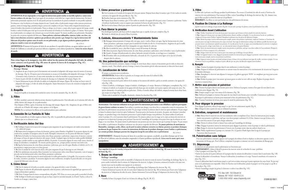 Adavertissement, Advertencia, Boquilla | Filtro, Verificación antes del uso 6. cómo llenar, Cómo presurizar y pulverizar, Para liberar la presión, Filtre, Pour dégager la pression, Entretien, rangement et maintenance | Chapin 29002 User Manual | Page 2 / 2