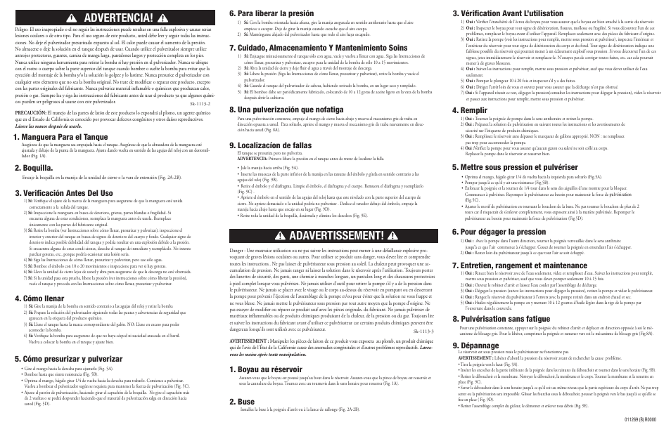 Adavertissement, Advertencia, Verificación antes del uso 4. cómo llenar | Boyau au réservoir, Buse, Vérification avant l’utilisation 4. remplir, Para liberar la presión, Pour dégager la pression, Manguera para el tanque, Boquilla | Chapin 31410 User Manual | Page 2 / 2