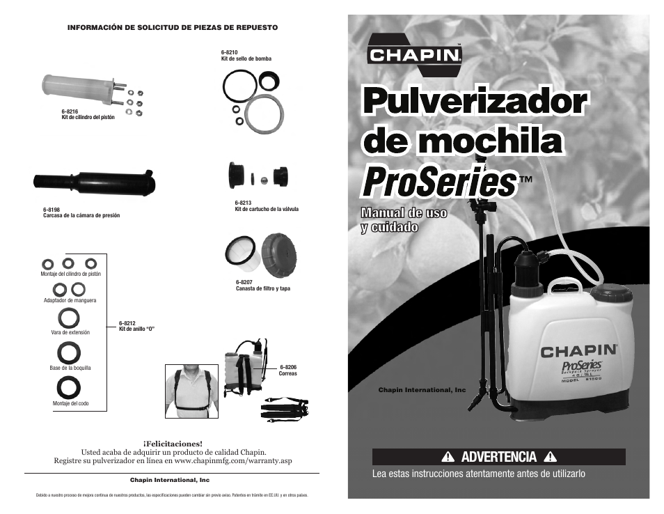 Manual de uso y cuidado, Advertencia | Chapin 61500 User Manual | Page 13 / 18