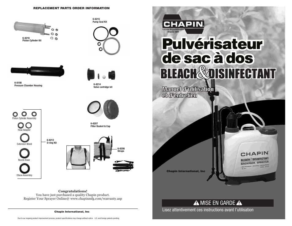 Manuel d’utilisation et d’entretien, Mise en garde | Chapin 61575 User Manual | Page 12 / 18