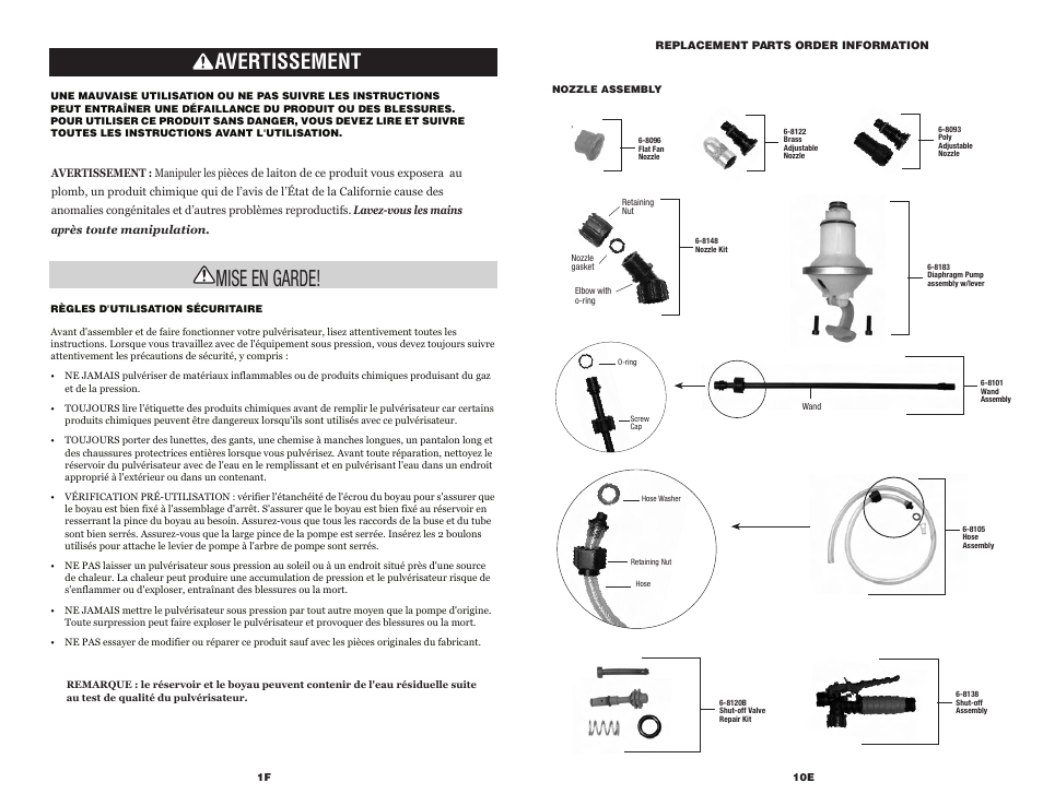 Mise en garde, Avertissement | Chapin 61804 User Manual | Page 11 / 18