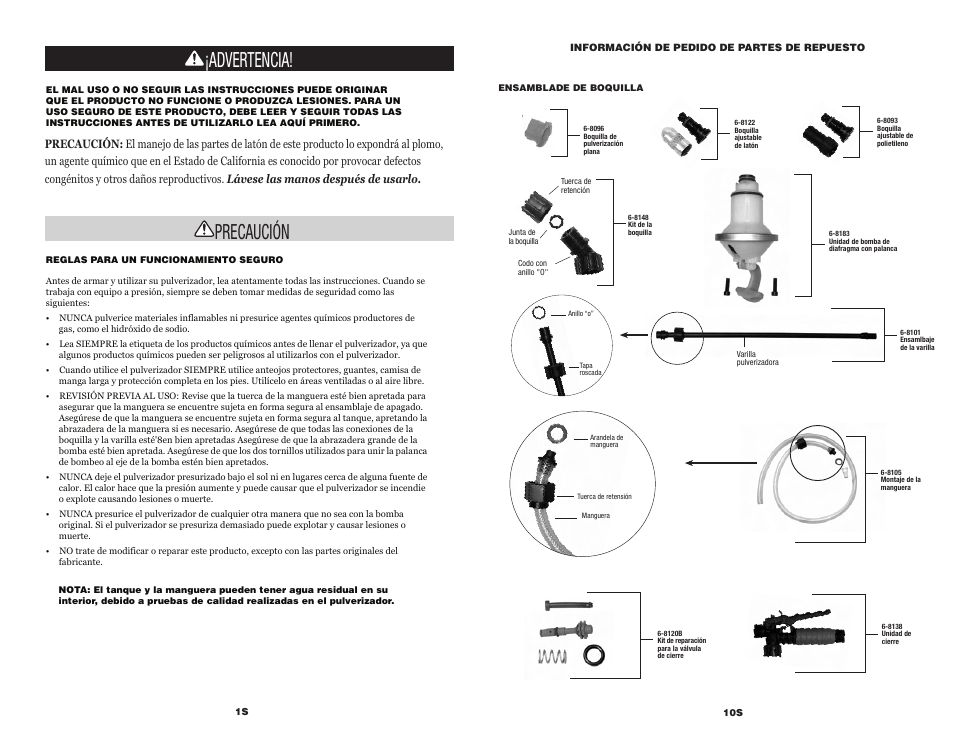 Advertencia! precaución | Chapin 61804 User Manual | Page 14 / 18