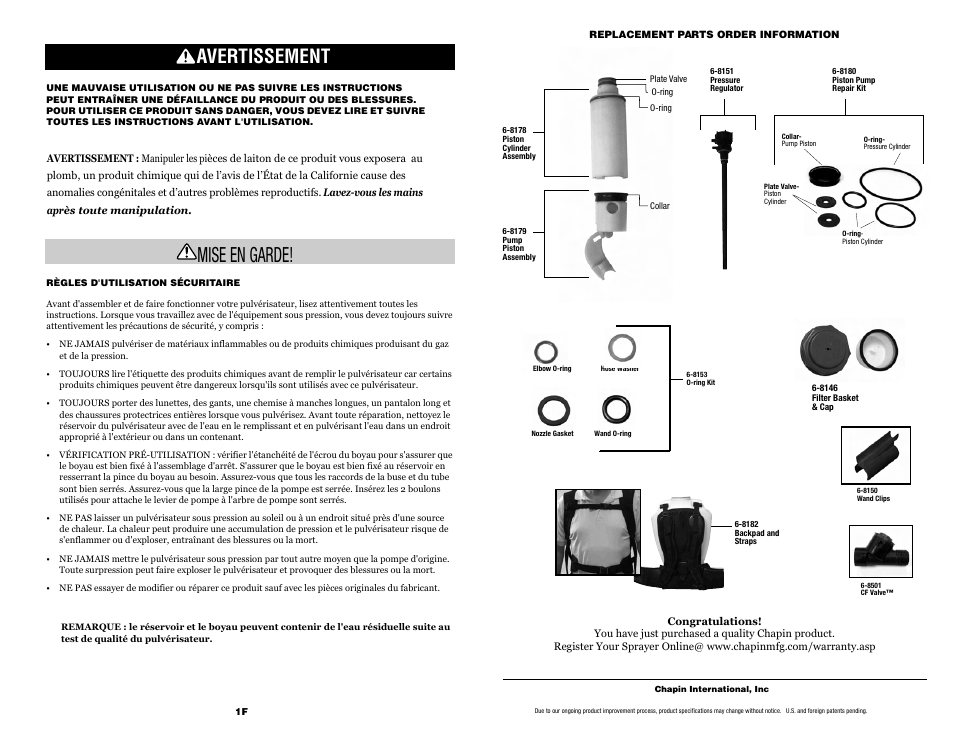 Mise en garde, Avertissement | Chapin 62000 User Manual | Page 13 / 20