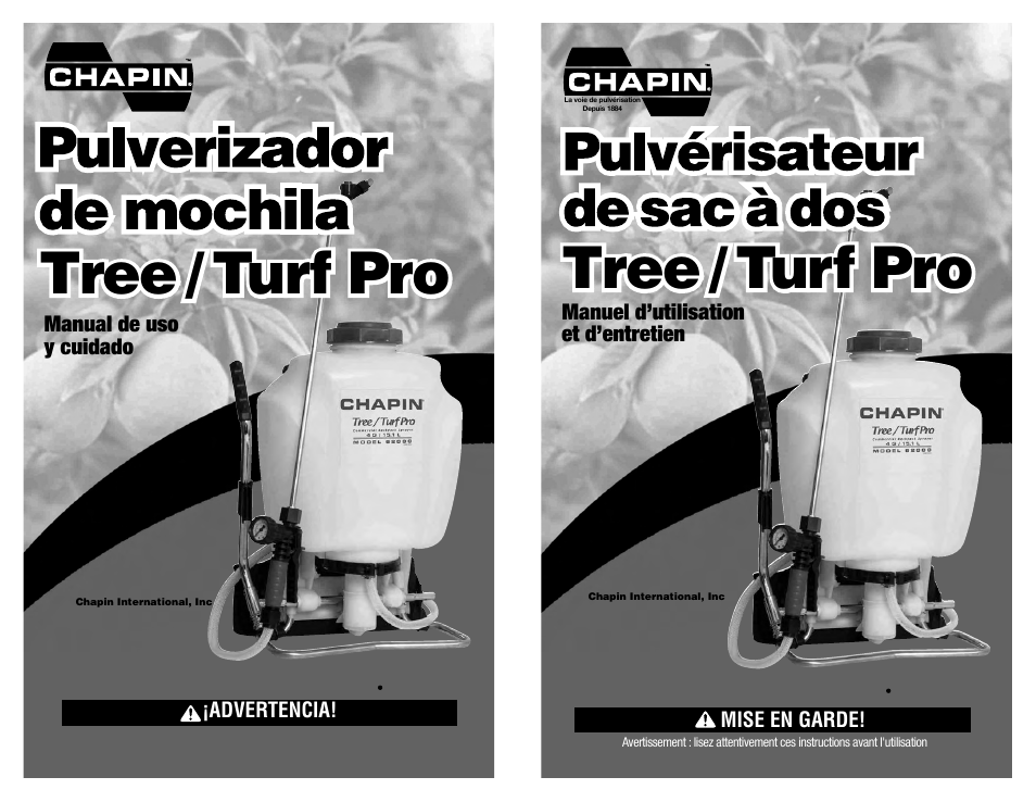 Tree / turf pro, Manual de uso y cuidado, Manuel d’utilisation et d’entretien | Advertencia, Mise en garde | Chapin 62000 User Manual | Page 14 / 20