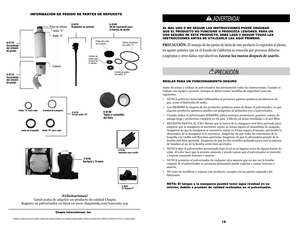 Advertencia! precaución | Chapin 62000 User Manual | Page 15 / 20