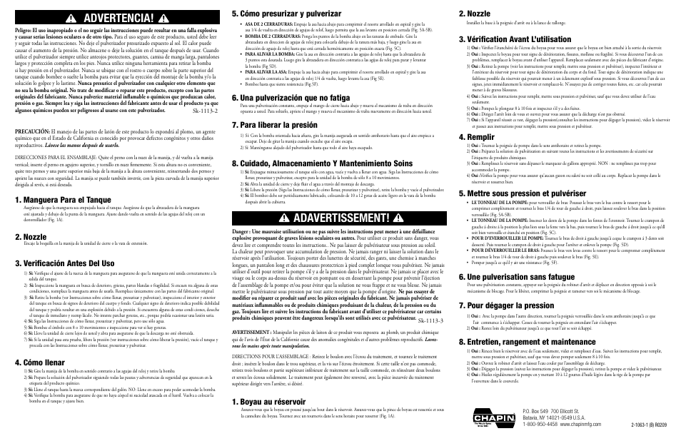 Adavertissement, Advertencia, Verificación antes del uso 4. cómo llenar | Para liberar la presión, Vérification avant l’utilisation 4. remplir, Nozzle, Una pulverización que no fatiga, Boyau au réservoir | Chapin 6300 User Manual | Page 2 / 2