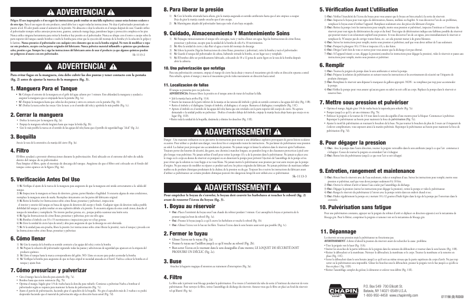 Advertencia, Adavertissement, Verificación antes del uso 6. cómo llenar | Fermer le tuyau, Vérification avant l’utilisation 6. remplir, Para liberar la presión, Pour dégager la pression, Manguera para el tanque, Cerrar la manguera 4. filtro, Filtre | Chapin 7215015 User Manual | Page 2 / 2