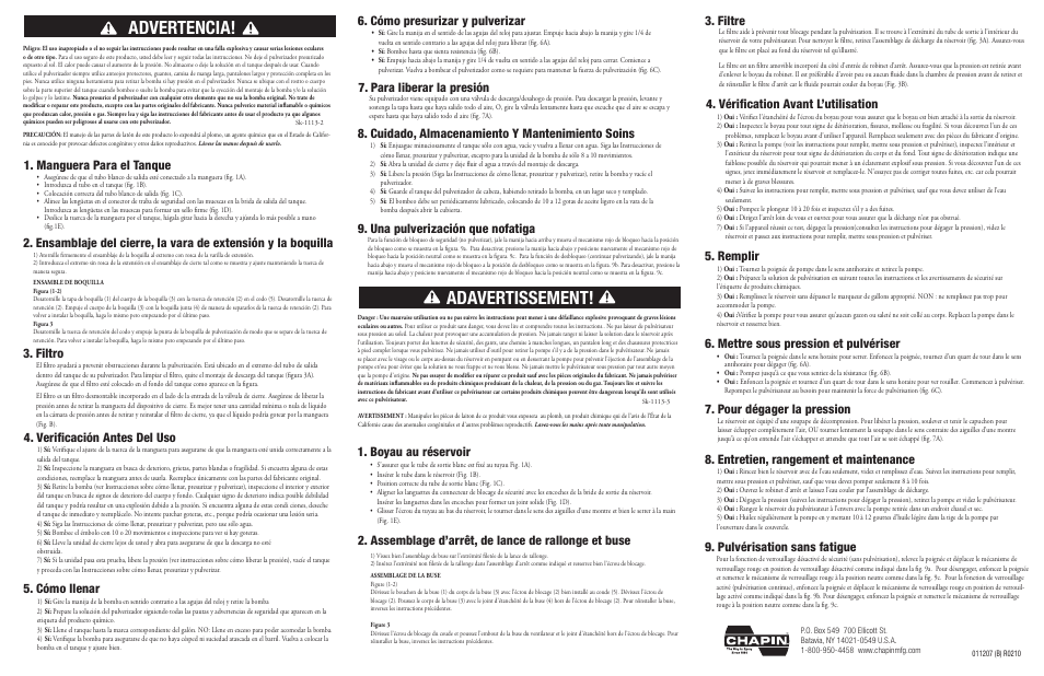 Adavertissement, Advertencia, Verificación antes del uso 5. cómo llenar | Cuidado, almacenamiento y mantenimiento soins, Vérification avant l’utilisation 5. remplir, Manguera para el tanque, Cómo presurizar y pulverizar, Pulvérisation sans fatigue 3. filtre, Filtro, Una pulverización que nofatiga | Chapin 7215072 User Manual | Page 2 / 2